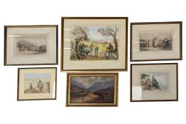 A collection of six decorative watercolours, oil and prints comprising two scenes of Eton College, a