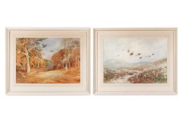 Roland Green (1890/96-1972), Pheasants in flight through a forest, Pheasants in flight over a field,