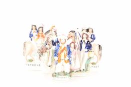 A collection of Staffordshire and Staffordshire style figurines comprising Falstaff, a pair titled G