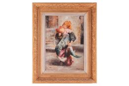 Fabio B Wilde (20th century), 'A Girl and her chickens', signed and dated 1924, oil on board, image 
