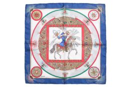 Hermès - 'Feux d'Artifice (Fireworks)' silk square scarf in navy, white and red, illustrated to comm