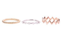 Two wedding bands and a diamond-set ring; the first is in a zig-zag design plain band in 18ct rose g