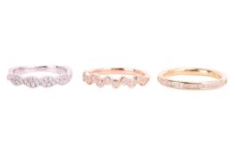 Three diamond-set rings in 18ct gold; to include a half-eternity ring in 18ct yellow gold, channel-s