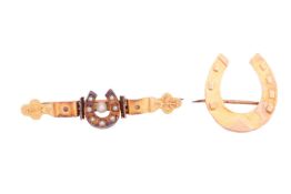 Two late Victorian horseshoe brooches; a sweetheart bar brooch set with seed pearls, measuring 43mm 