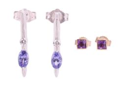 Two pairs of gem-set earrings; to include a pair of oval-cut tanzanite and diamond accent drop earri