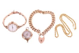 Two chains and two watches; to include an Edwardian 15ct rose gold curb link chain bracelet with hea