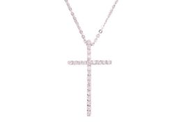 A diamond-set cross pendant on chain, pavé-set with an array of brilliant-cut diamonds, suspending o