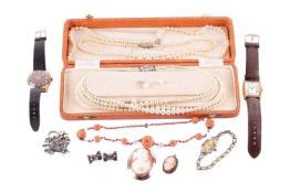 A collection of jewellery items including three vintage imitation pearl necklaces, a pair of culture
