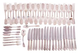 Aspreys silver flatware in fiddle and thread pattern engraved with initials, comprising twenty-nine 