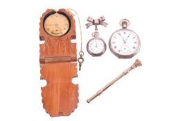 An 18ct gold pocket watch, two silver pocket watches and a Victorian propelling pencil Featuring a B
