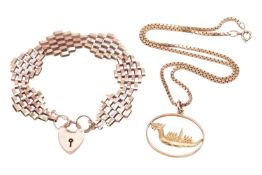 A 9ct gold gate bracelet and a pendant on chain; the bracelet constructed with three varieties of co