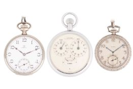 A collection includes an Omega pocket watch, Junghans stopwatch and an Elgin pocket watch. The open-