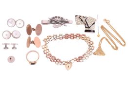 A collection of jewellery, to include a diamond set pendant, testing as 18ct, on a curb chain measur