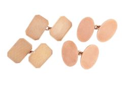 Two pairs of 9ct gold cufflinks; the first featuring engine-turned rectangular panels with truncated
