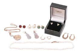 A collection of jewellery, including a pair of diamond stud earrings, each set with a trio of round 