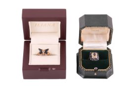 Two dress rings set with sapphire and diamond; to include a butterfly design ring in 9ct yellow gold