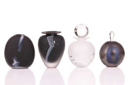 An Adam Aaronson glass scent bottle, of iridescent ovoid form, 9 cm high, together with a clear and 