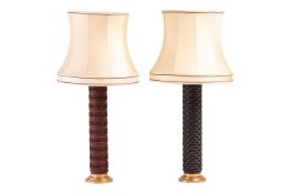 Two contemporary large table lamps, made in Denmark, the columns formed from wallpaper printing roll