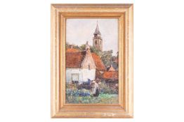 German Grobe (1857-1938), landscape with farm workers, oil on panel, 50.5 cm x 31 cm in a gilt frame