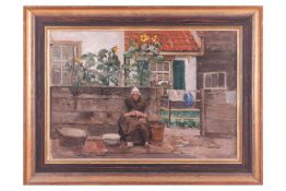 German Grobe (German, 1857-1938), Woman peeling potatoes outside her home, unsigned, oil on canvas m