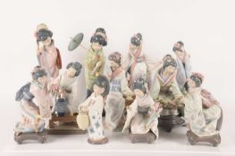 Lladro: A collection of Geisha figurines, comprising Yuki Geisha (1448), Japanese with Parasol (4988