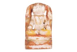 An Indian carved marble figure of the Trimurti resting on a double lotus socle, 20th-century, painte