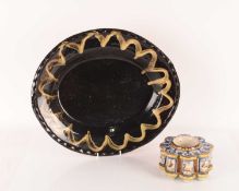 An Italian maiolica inkwell, of lobed form with animal decoration, 8 cm high x 15 cm diameter, toget