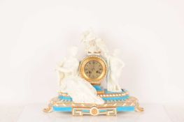 A Louis XVI-style figural porcelain cased eight-day mantle clock, painted in blue celeste and height