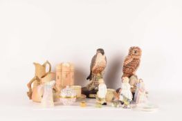 A collection of ceramic items consisiting of Royal Doulton: Tawny Owl, Peregrine Falcon, a Candence 