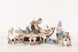 Lladro: A collection of figurines, comprising Fishing with Gramps on a wooden plinth (5212), Try thi