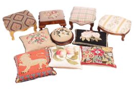 A small collection of small 19th-century and later footstools including a walnut example with carved