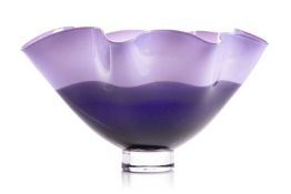 A Gillies Jones art glass bowl, of two-tone purple shaped form on a circular foot, etched signature 