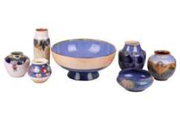 A very large Royal Doulton stoneware pedestal fruit bowl, signed to the base by Vera Huggins, 15.5 c