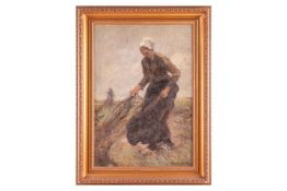 German Grobe (German, 1857-1938), Female farm worker gathering nets, signed 'German Grobe' (lower ri