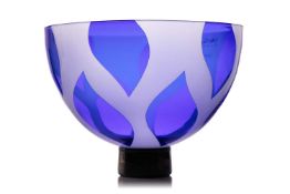A Gillies Jones art glass bowl, with translucent blue leaf decoration on a circular foot, etched sig