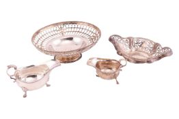 A pierced pedestal bowl by Elkington & co., Birmingham 1938, of oval form with a beaded rim and 