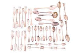 A mixed collection of silver forks and spoons; to include examples of five Old English pattern table