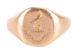 A signet ring, inscribed with a family crest of a bird and shell, with motto 'Fortiter agendo', the 