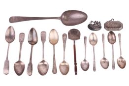 A collection of items to include a silver Hester Bateman serving spoon, hallmarked London, 1783; a s