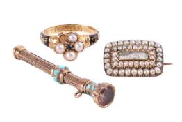 A collection of Victorian jewellery; including a pearl and black enamel mourning ring (one pearl def