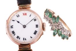 A 9ct gold watch and a 9ct gold stone set ring. Featuring a mechanical wristlet with a 9ct gold case