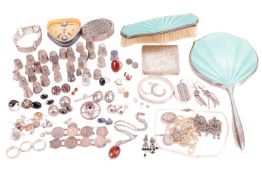 A collection of silver and white metal jewellery and other items, including a hallmarked silver moun