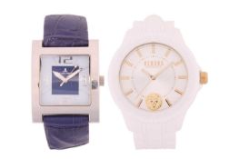 A Jacques Lemans and a Versace watch. The Jacques Lemans features a quartz watch in a steel case mea