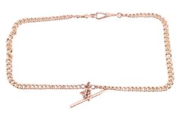 An Albert chain, formed from a yellow metal flat link curb link chain & T-bar, stamped 9ct. 36.1