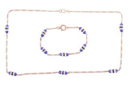 A beaded chain necklace and bracelet suite, both of similar design, the fine figaro link chain inter