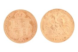 Two Half Sovereigns, an 1892 Victoria Shield back Half Sovereign and a 1915 George V Half Sovereign.