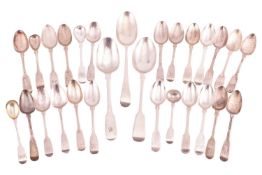 A quantity of mixed Old English pattern spoons comprising three dinner spoons, twenty-one silver tea