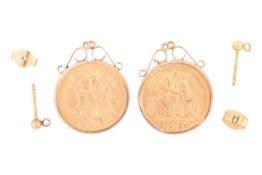 A pair of half Sovereign set earrings, the two 1918 George V half sovereigns in set in coin mounts w