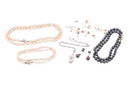 A collection of cultured pearl jewellery; including a black cultured pearl necklace, each pearl meas