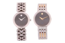 Two Movado ladies' dress watches. Featuring a Movado 84 A1 1839 steel-cased watch measuring 25mm wit